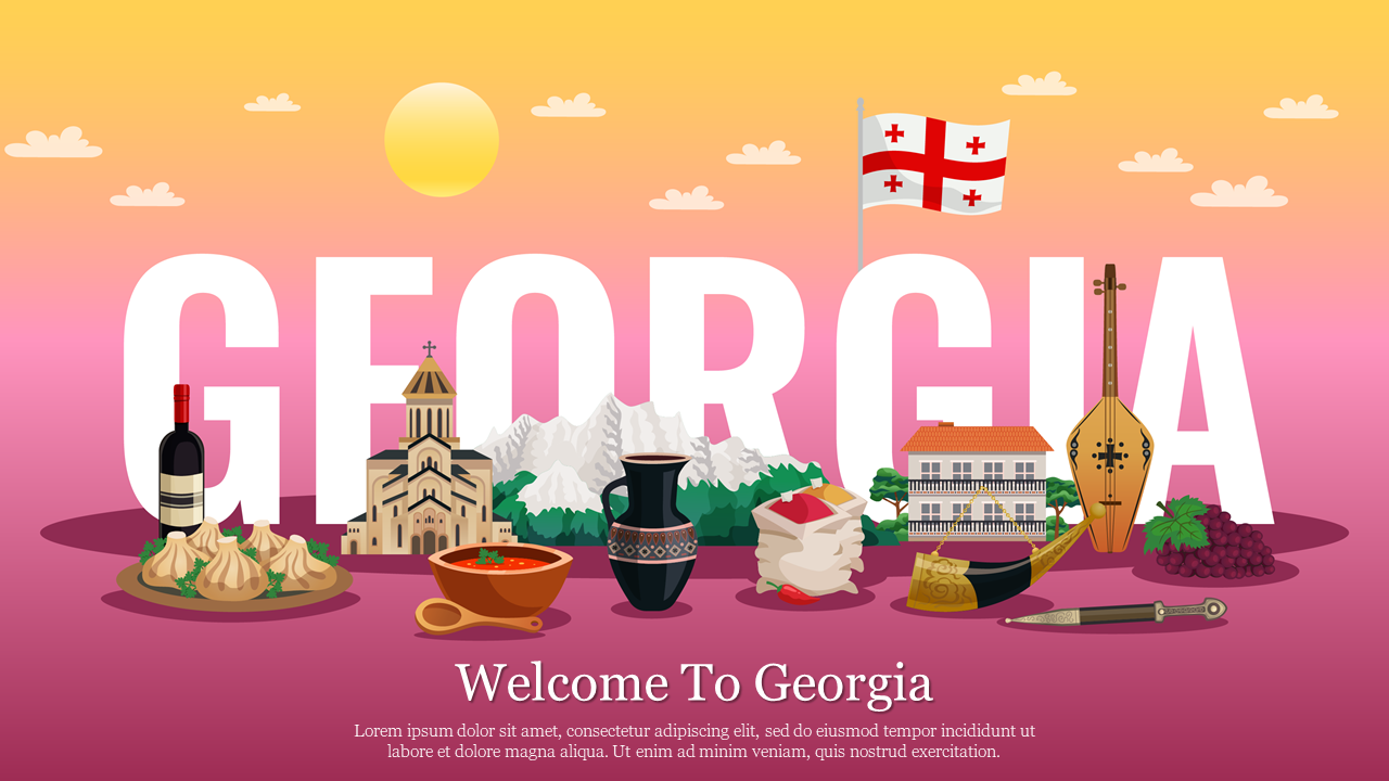 Georgia country slide featuring traditional food, landmarks, and cultural symbols with the flag against a scenic backdrop.