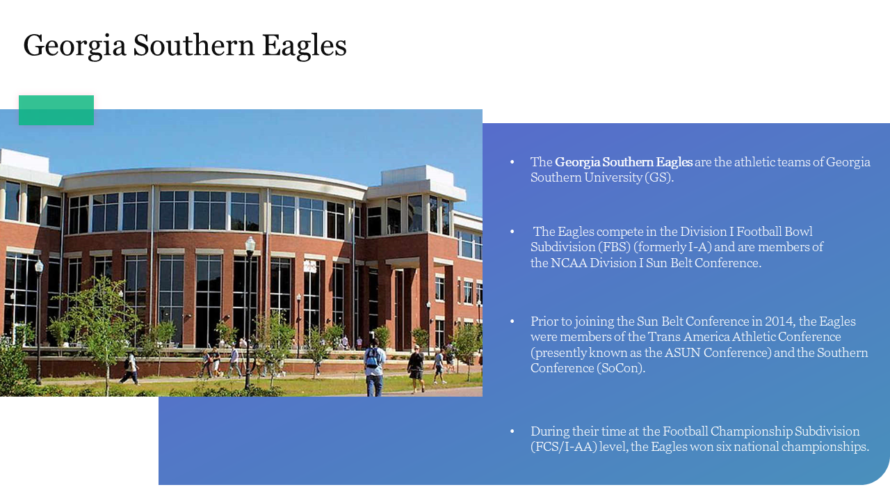 Slide featuring a red brick campus building with large windows and a blue text box outlining Georgia Southern eagles details.