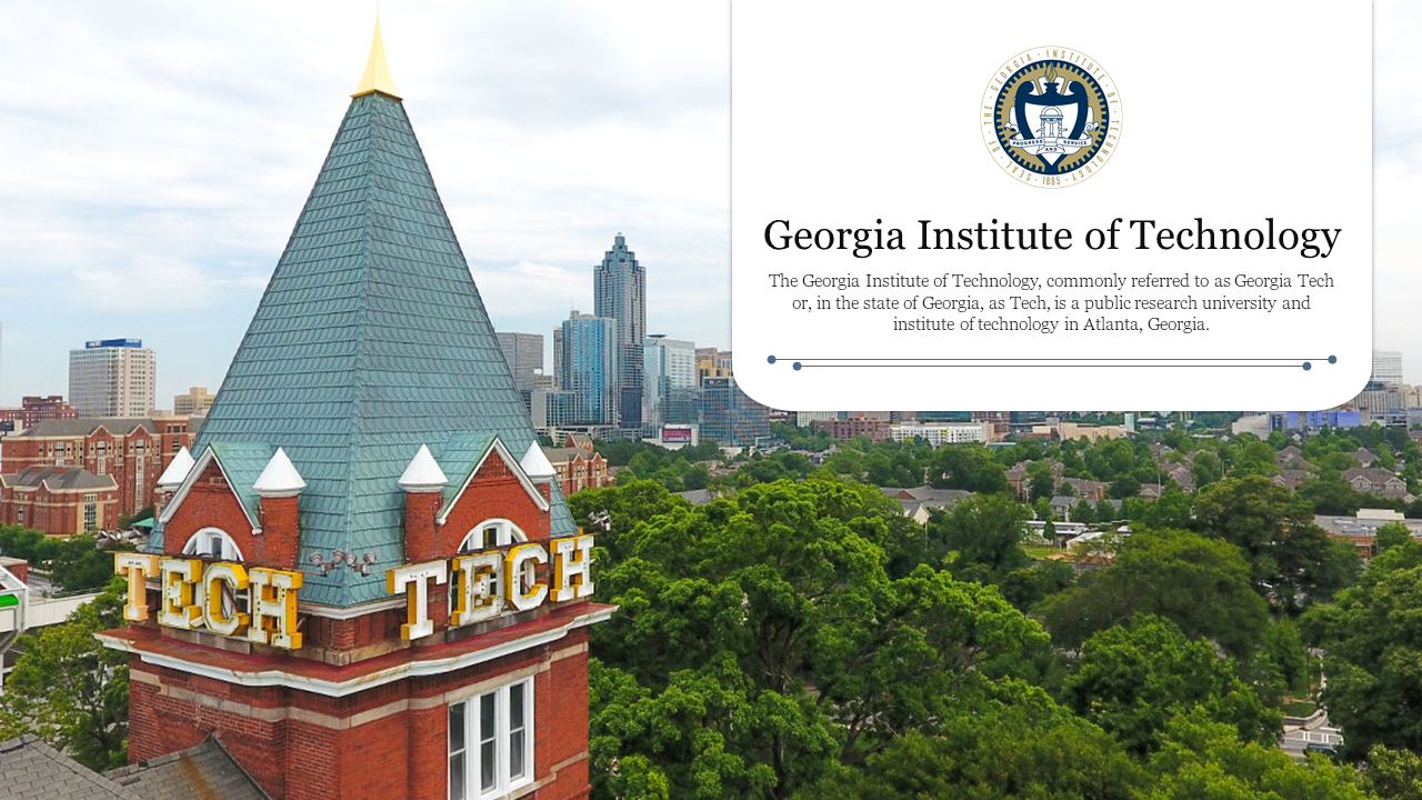 Georgia Tech Tower and the surrounding cityscape of Atlanta, with the university's logo and description on the right.