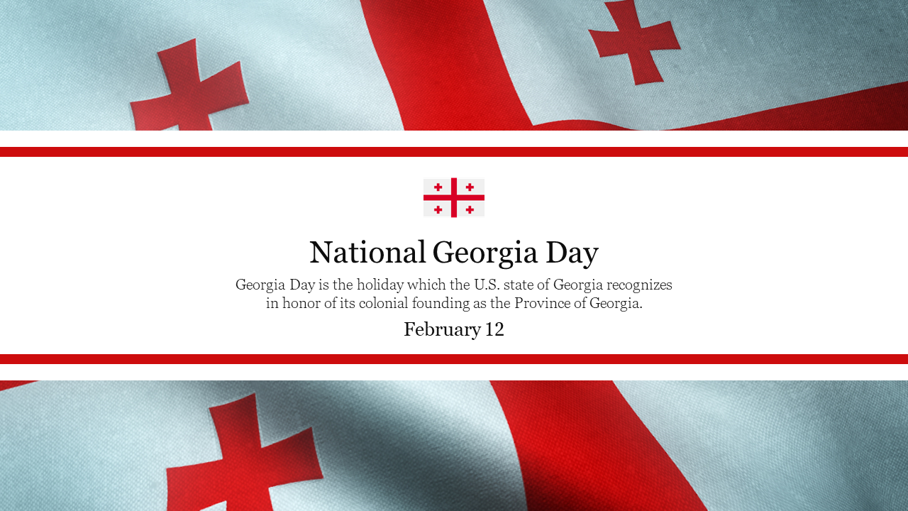 Centered white banner with text, overlaying the Georgian flag background with red crosses.