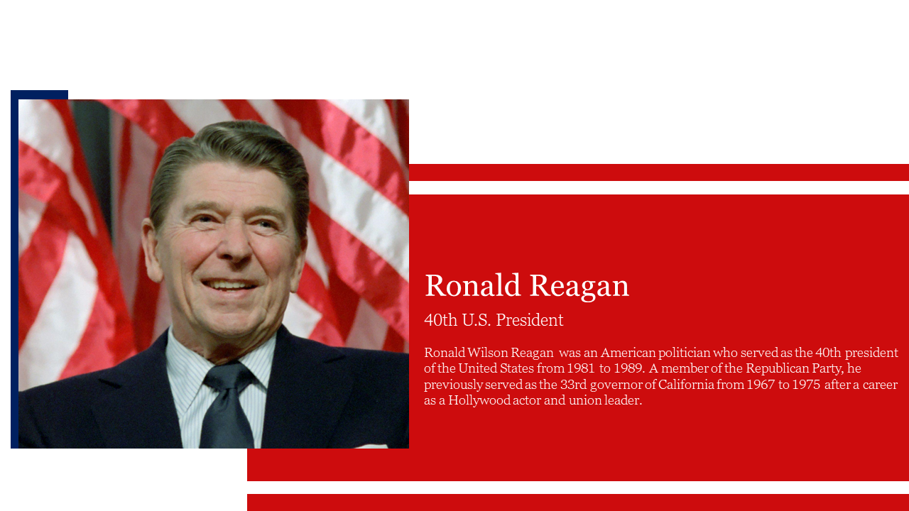 Ronald Reagan's portrait with a description of his presidency and political background, placed on a red-themed slide.