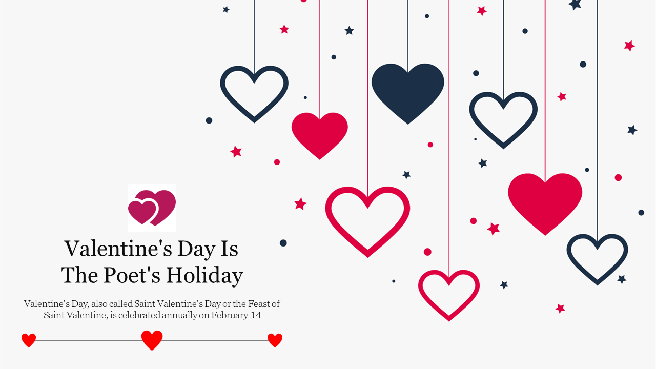 Hanging red and navy heart shapes with scattered stars and text about Valentine's Day, placed on a white background.