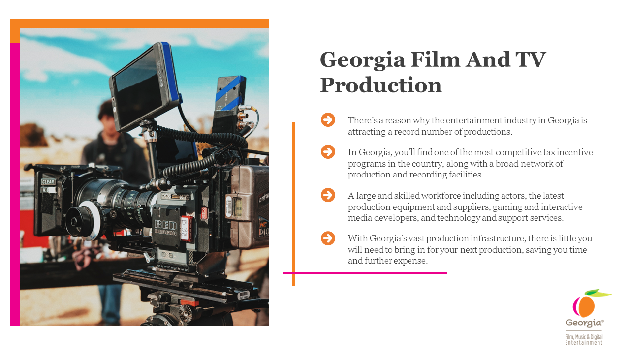 A slide featuring a camera setup on the left and text about Georgia's film and TV production industry on the right.