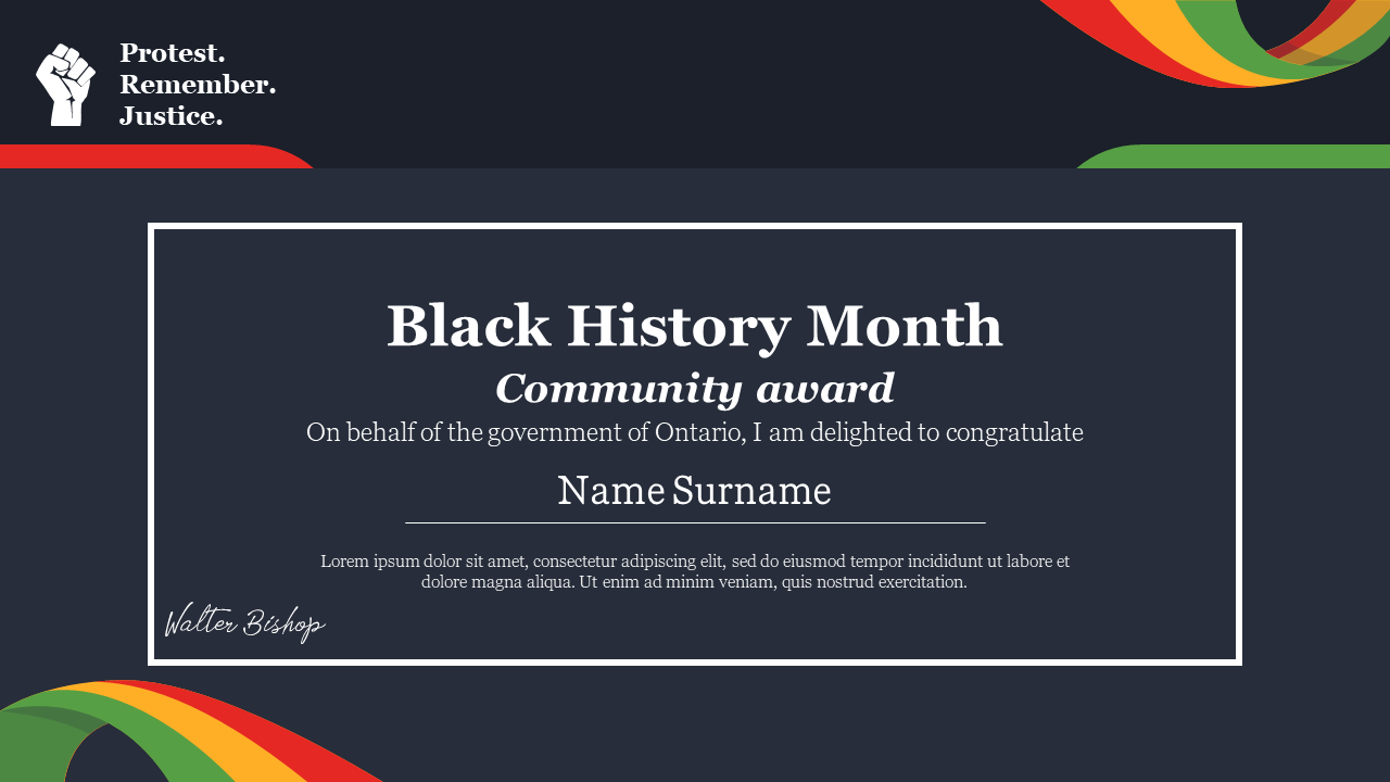 Black History Month award slide with a community award certificate design and vibrant ribbon accents.