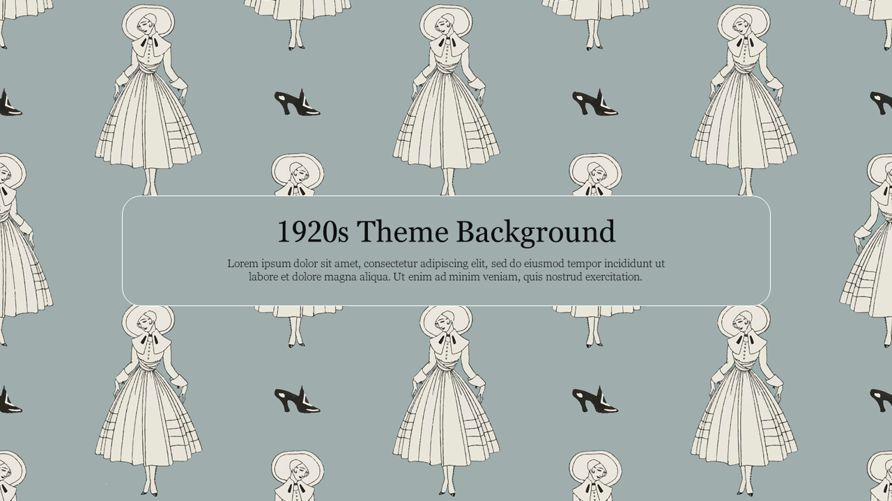 Background slide with 1920s inspired illustrations of women in vintage dresses and hats, with decorative shoes.