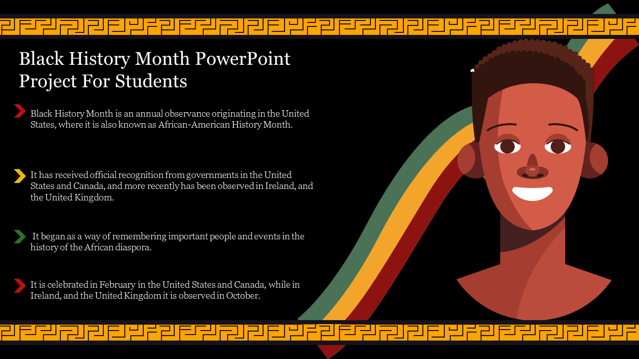 Colorful black history month slide combining cultural patterns, a character image, and key facts about the observance.