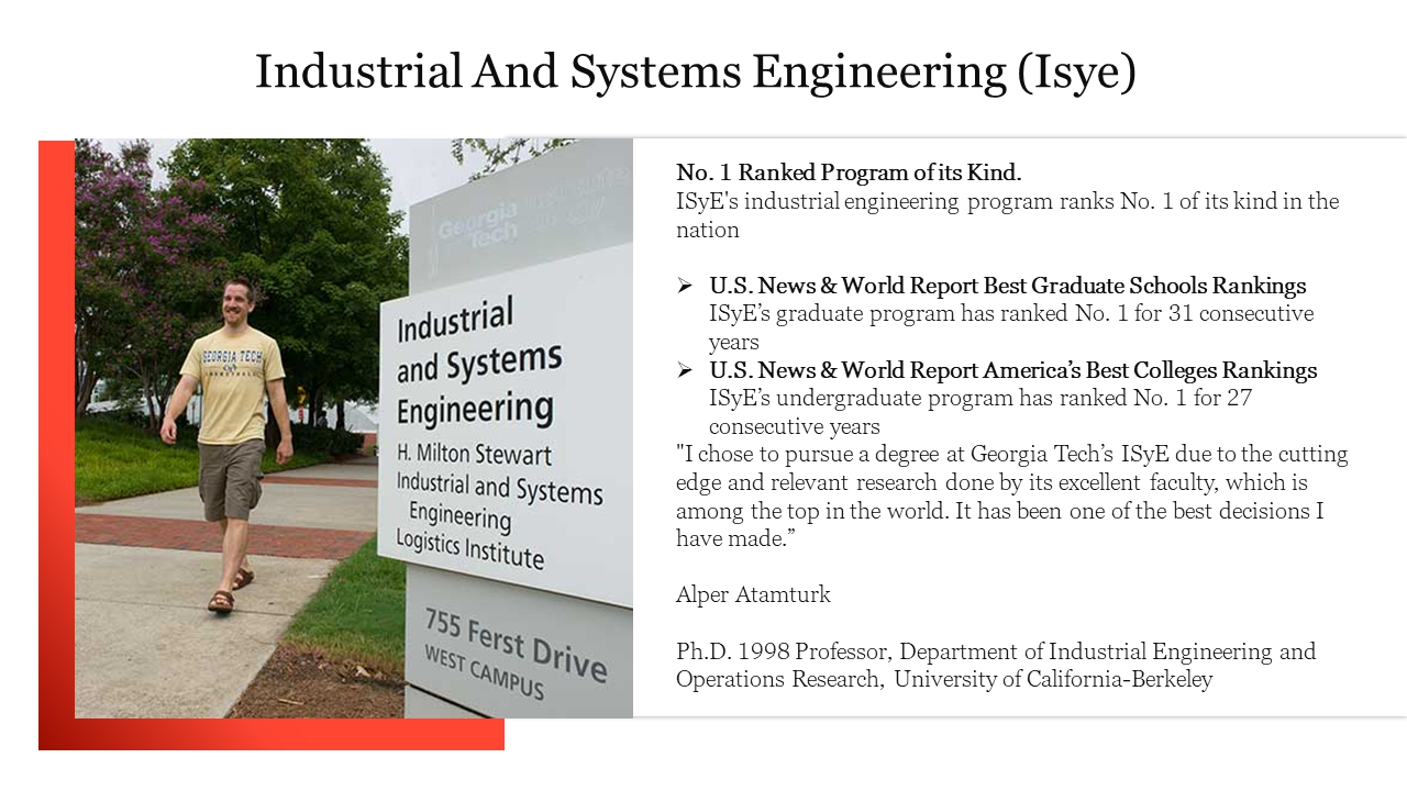 Georgia tech industrial and systems engineering slide with a student photo, program rankings, and testimonial.