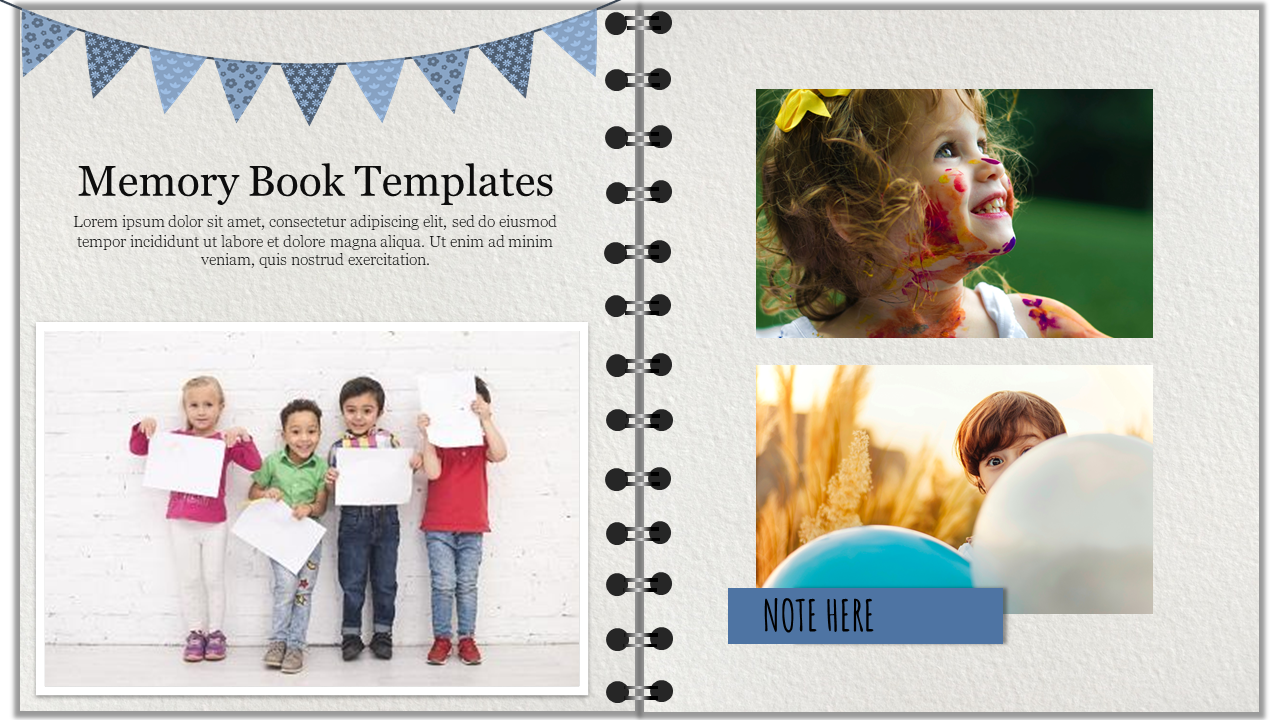 Memory book slide with a decorative banner and photos of children with placeholder text.