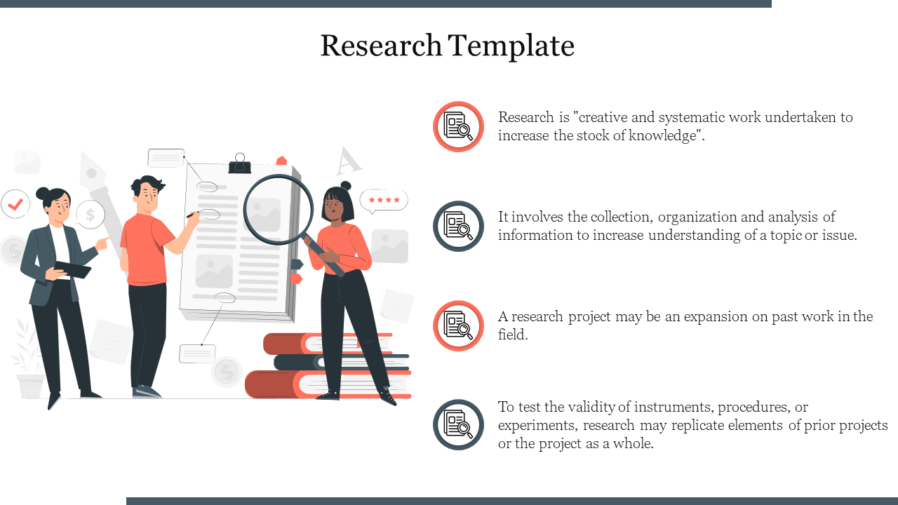 Illustration of three people conducting research with a magnifying glass and clipboard, and four texts with icons.