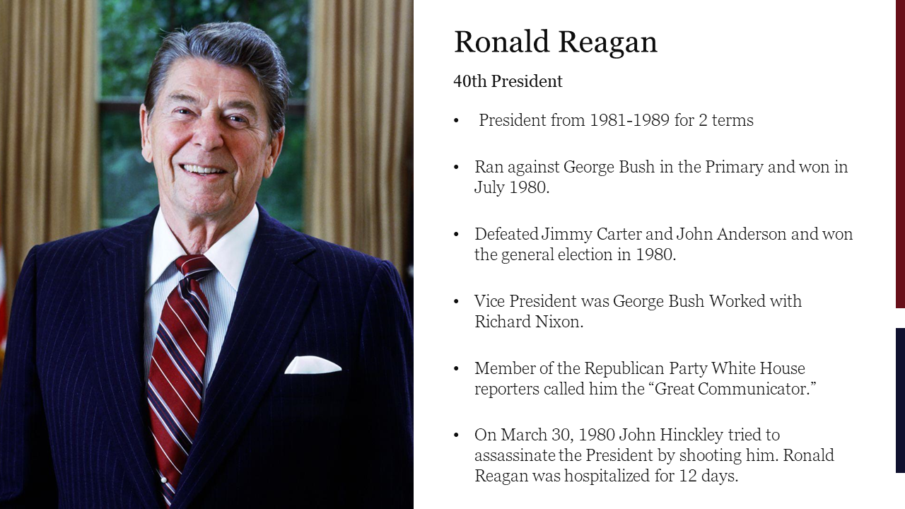 Slide featuring Ronald Reagan, 40th President, with key facts about his presidency and accomplishments.