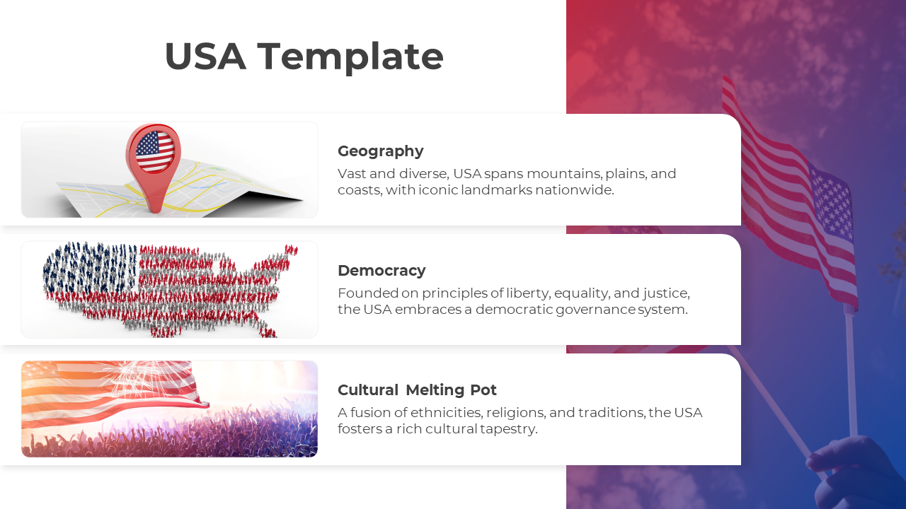 USA slide with sections on geography, democracy, and cultural diversity, featuring patriotic imagery and icons.