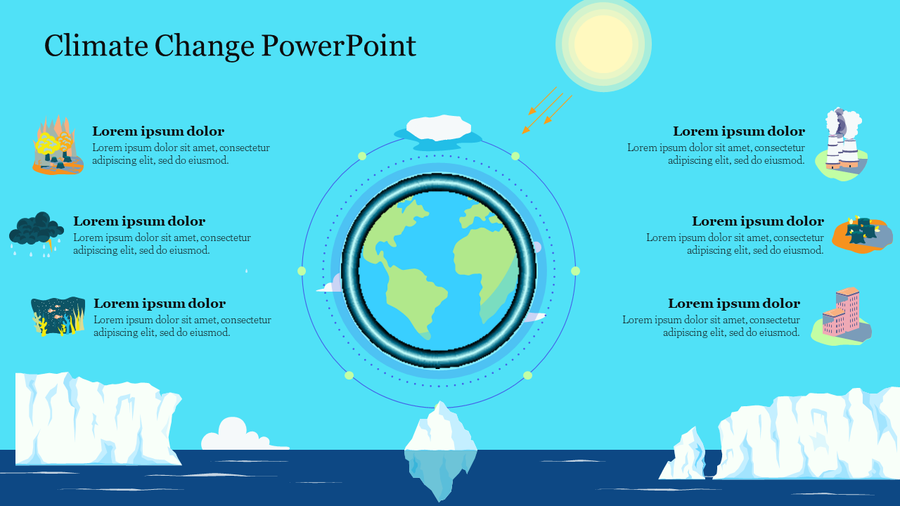 Illustrated Climate Change slide featuring a globe surrounded by various colorful icons and melting ice caps with text area.