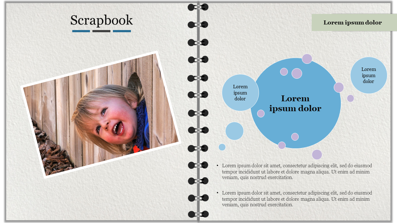 Scrapbook page with a tilted photo of a smiling child on the left, with circles of varying sizes and placeholder text.