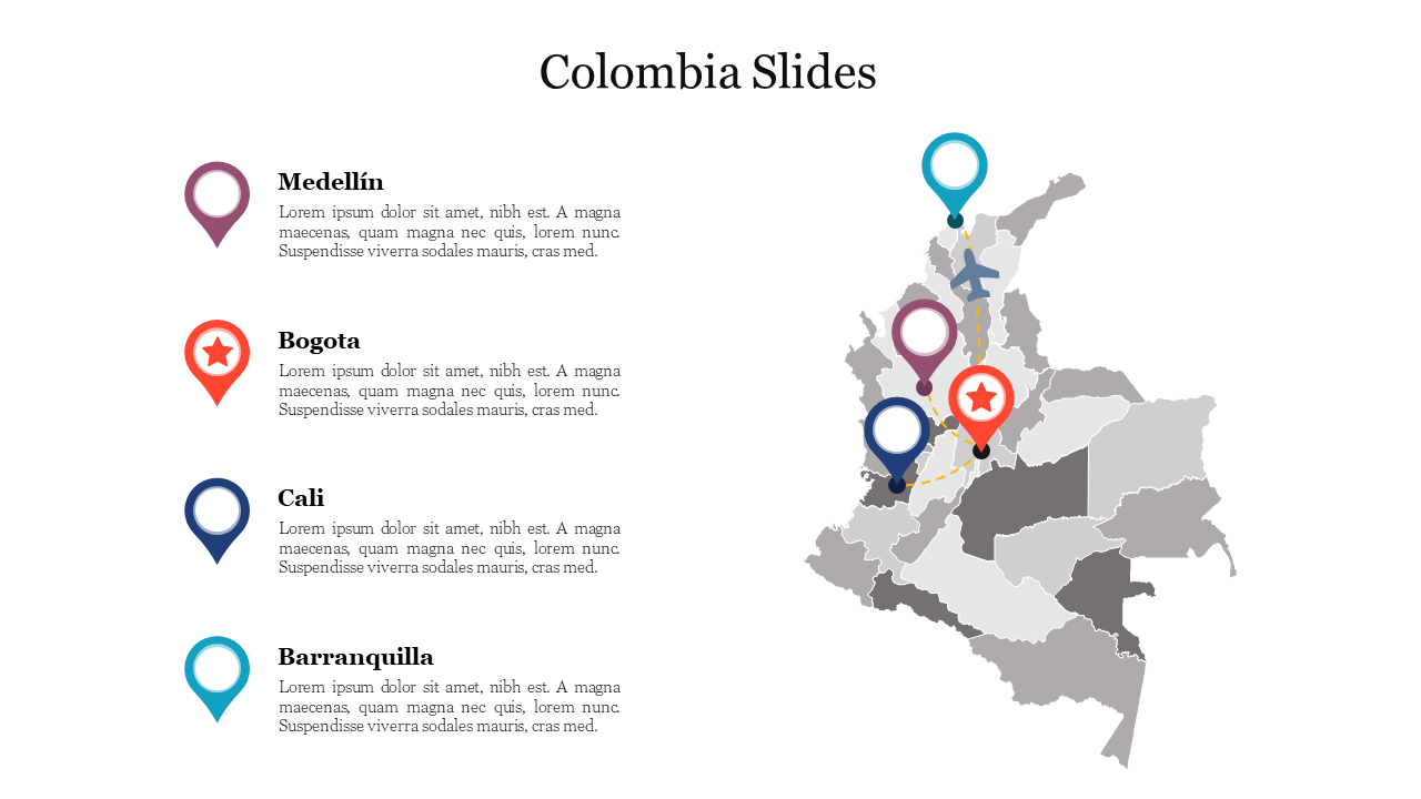 Map of colombia highlighting key cities medellin, bogota, cali, and barranquilla with corresponding markers.