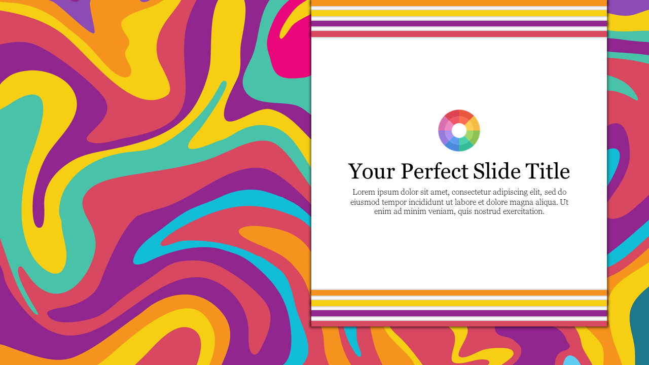 Colorful abstract swirls on the background with white overlay containing title, text, and a rainbow circle icon.