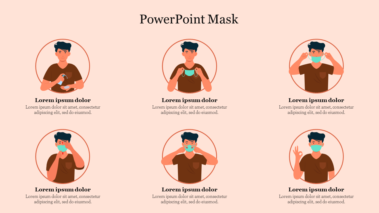 Six illustrations of a person wearing a brown shirt, demonstrating how to wear a mask step by step on a light background.