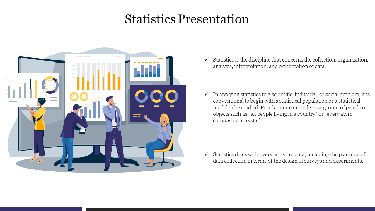 Illustration of people analyzing charts on large screens, with text on the right side.