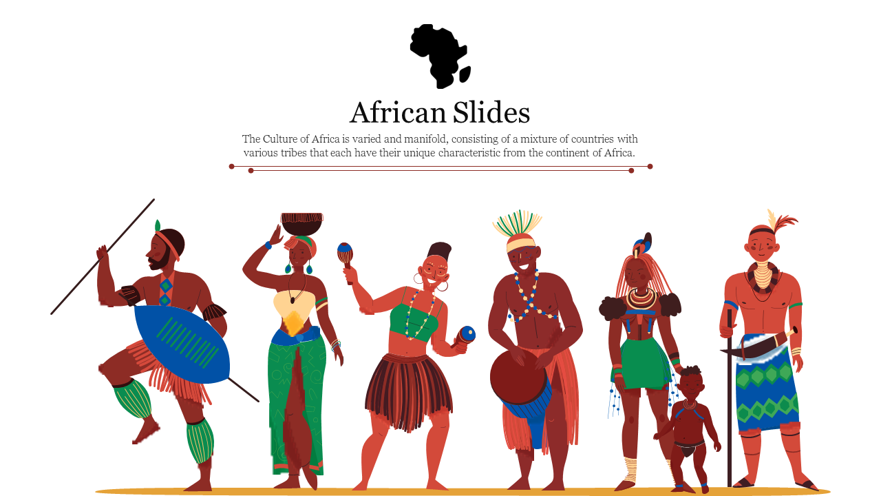 African cultural slide showing different tribal figures with unique costumes and accessories.