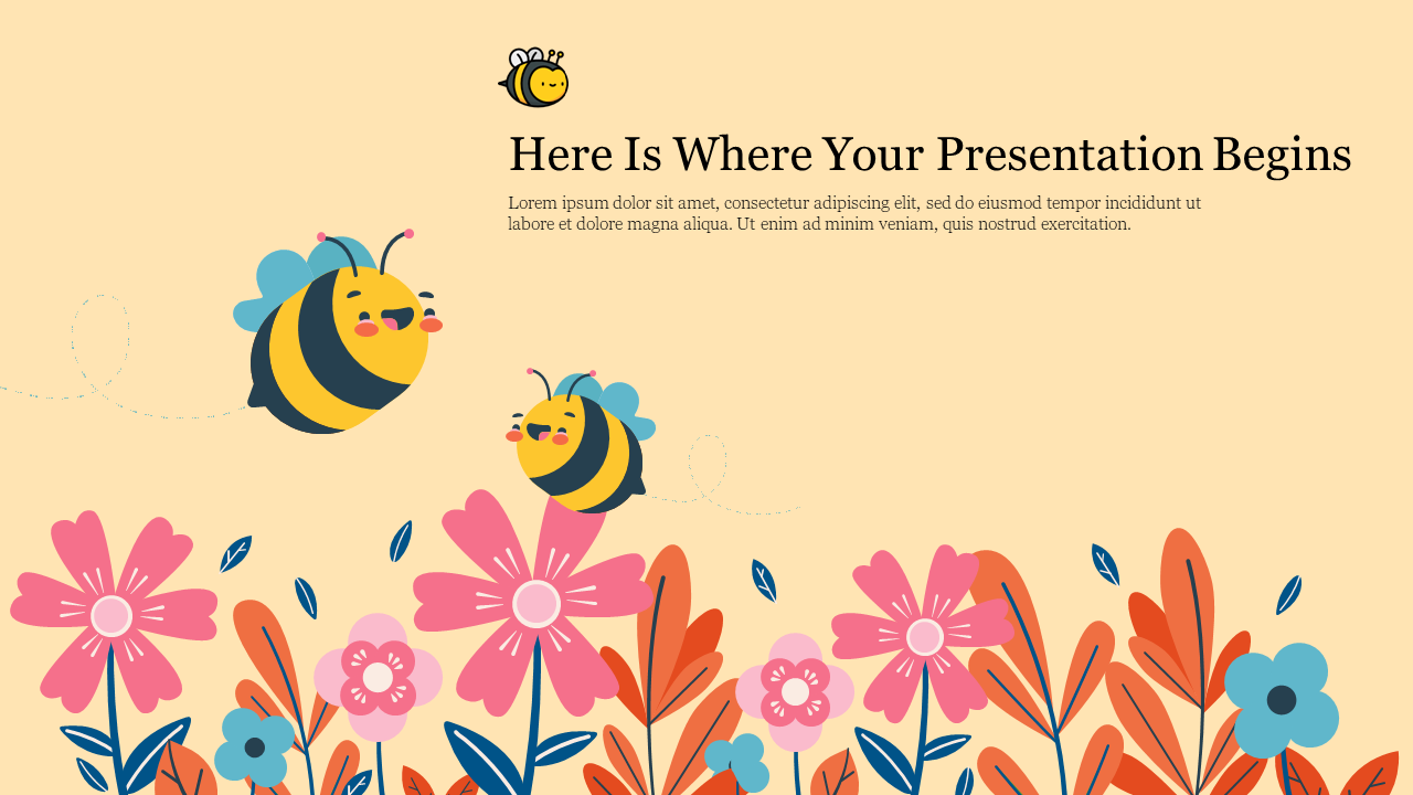 Cute slide design with two smiling bees flying above colorful flowers with a cheerful, pastel background and title text.