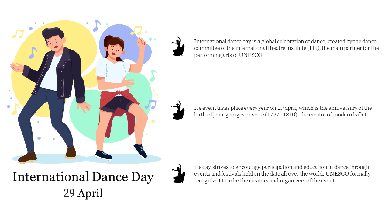 Two dancers with colorful musical notes and shapes on background, celebrating International dance day on 29 April.