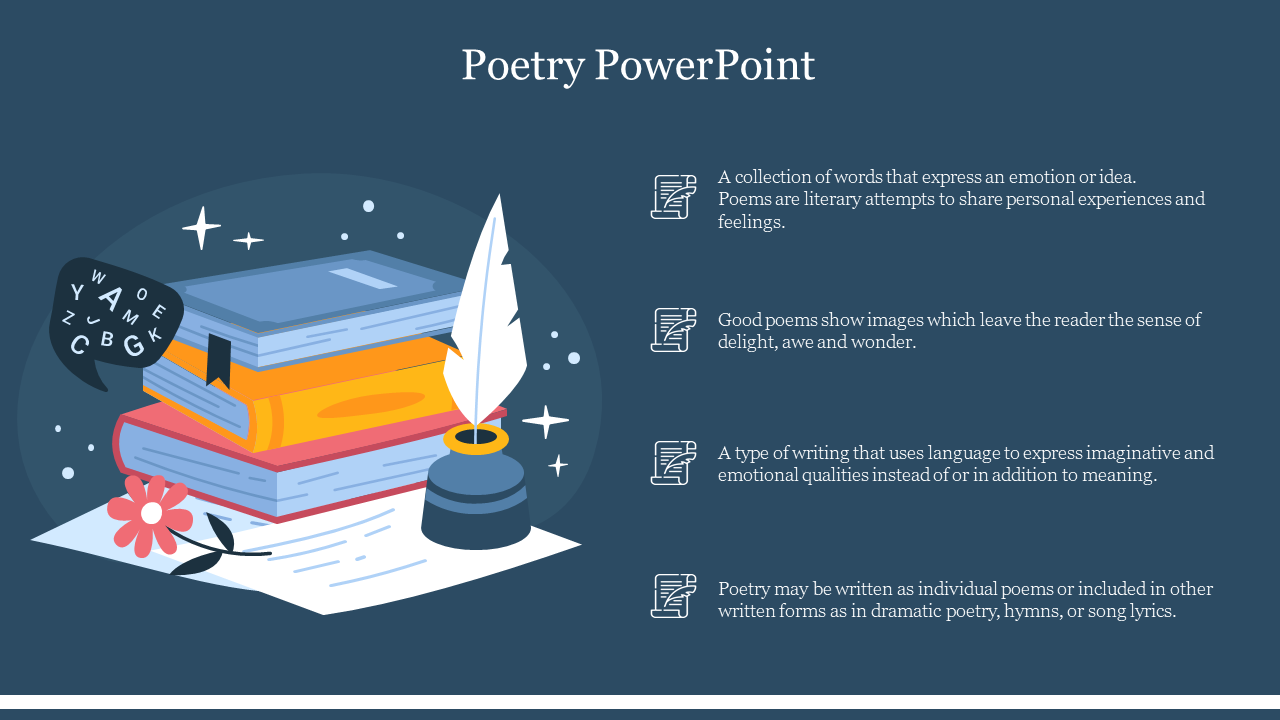 A PowerPoint slide about poetry, showing books, a quill, and a flower, with text on the nature and characteristics of poetry.