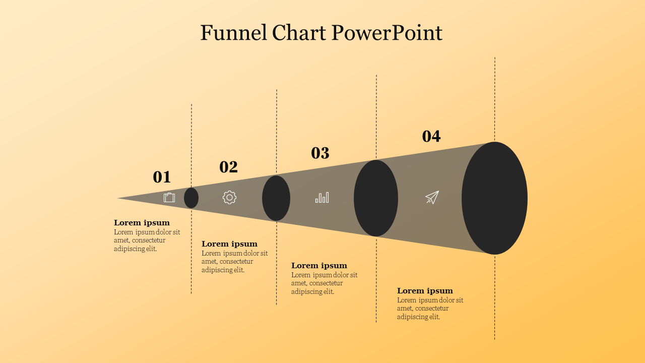 PowerPoint slide showcasing a funnel chart with four stages represented by icons and descriptions.