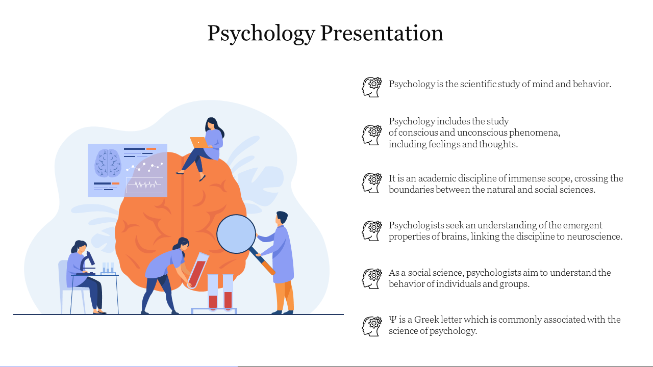 Illustration of psychology concepts with icons and text, featuring an orange brain and people conducting scientific research.