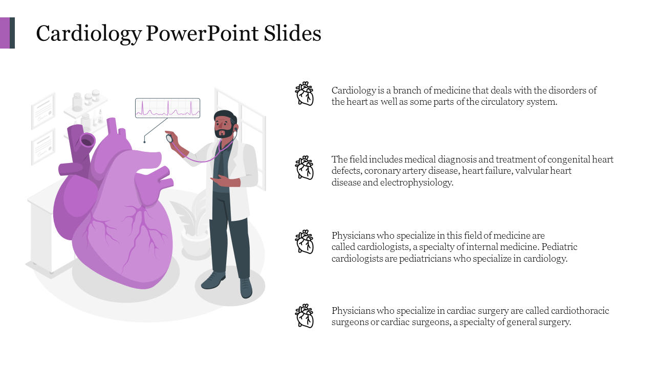 A slide on cardiology featuring a doctor with a stethoscope, a heart illustration, and key points about the field.