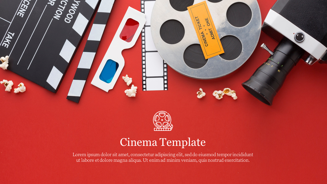 A red slide featuring a clapperboard, 3D glasses, a film reel, a camera, popcorn, and a cinema ticket, with a caption area.