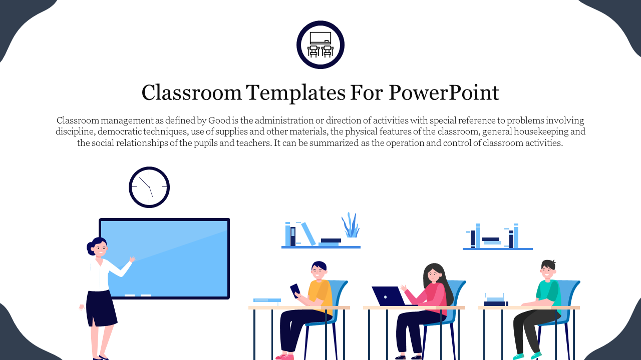 Illustration of a classroom with a teacher explaining a lesson on a board to students accompanied by text.