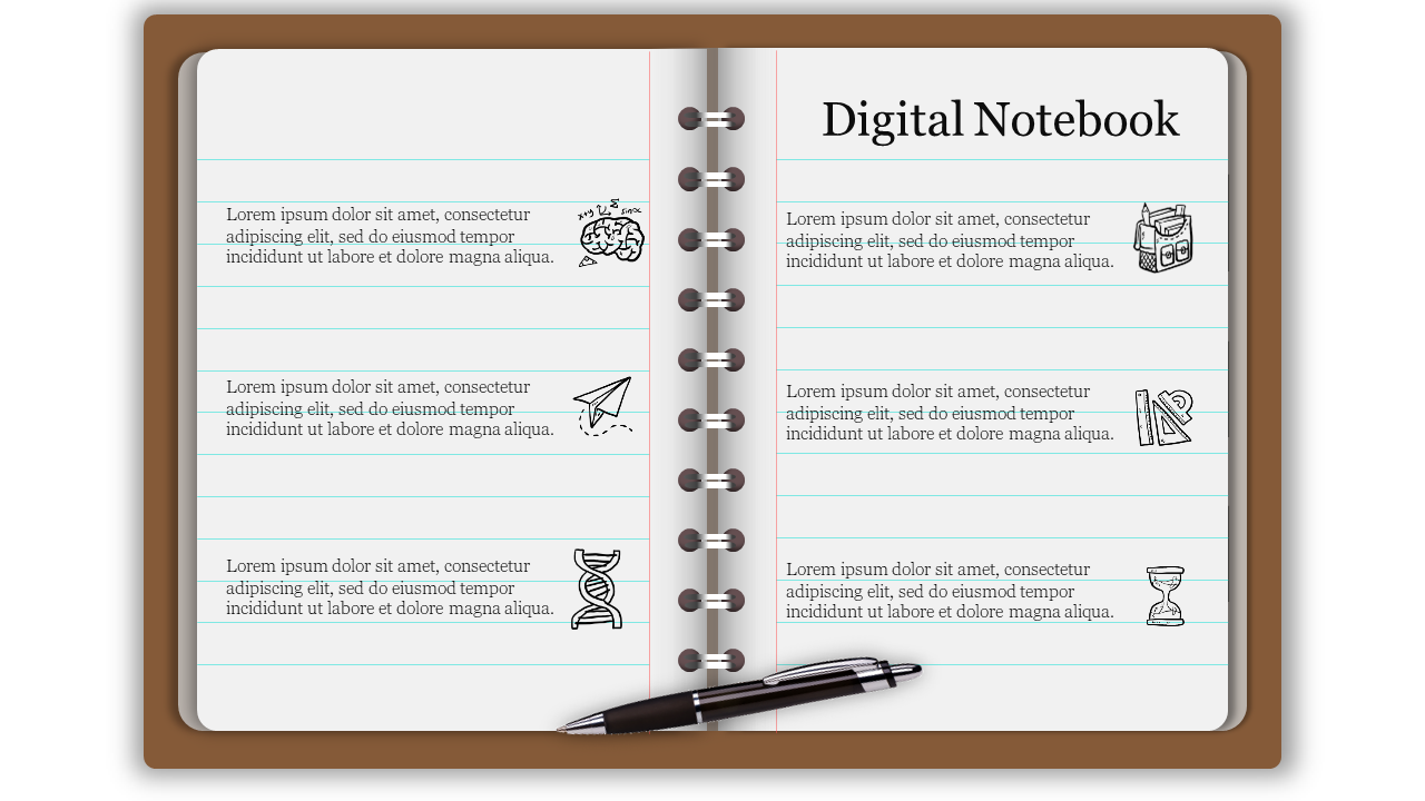 A digital notebook slide with lined pages, icons, and placeholder text with a pen at the bottom.