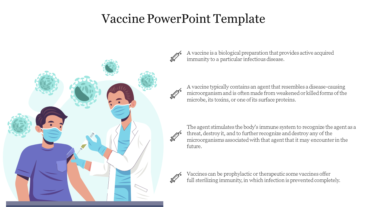 Slide featuring an illustration of a doctor administering a vaccine to a patient with detailed text about vaccines.