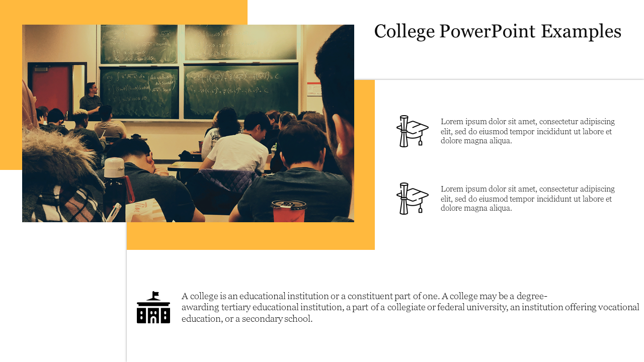 Classroom scene with students facing a blackboard filled with equations, bordered by yellow rectangle, and text on the right.