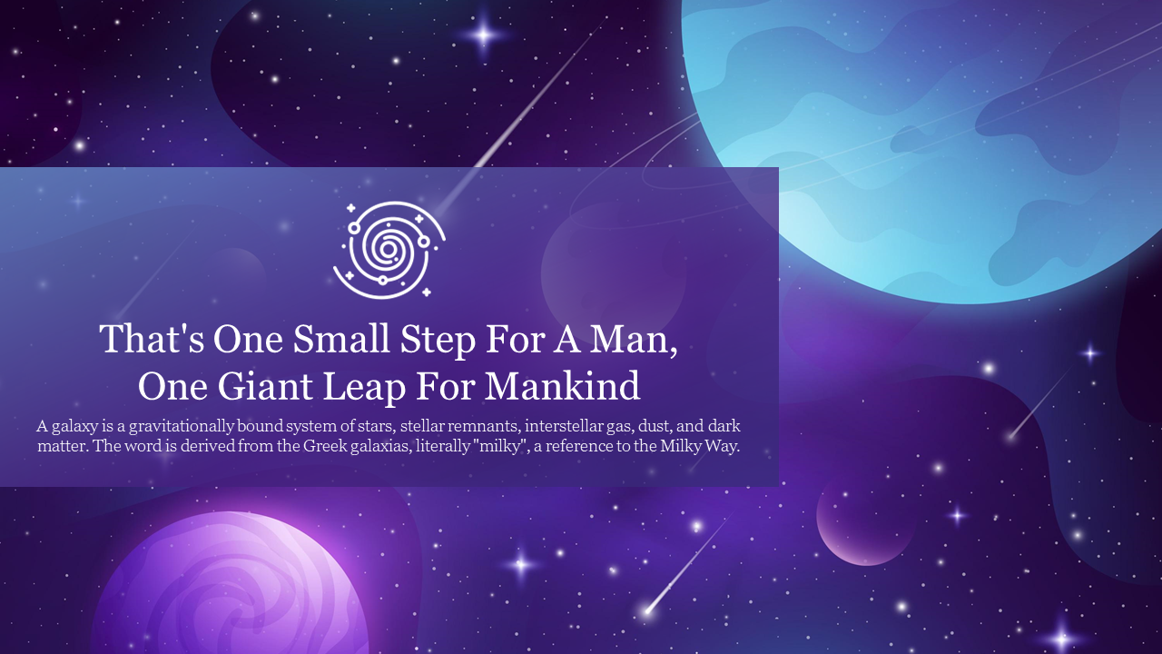 Slide with space illustration including planets and a starry background, with an overlayed text box showcasing a quote.