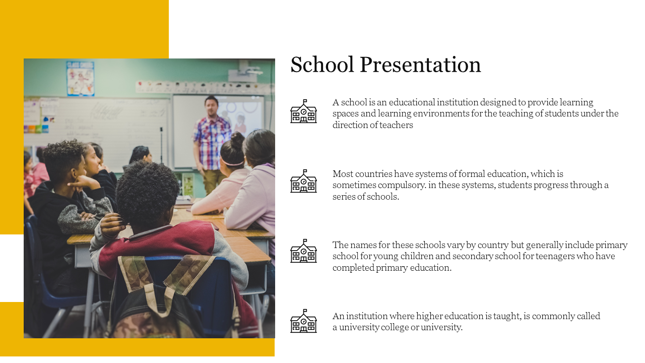 Slide showcasing a diverse classroom alongside bullet points about the role and structure of schools in education with icons.