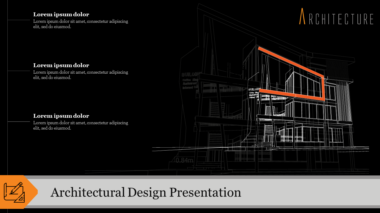 Sleek black and white architectural design slide with highlighted orange lines outlining a specific section of the building.