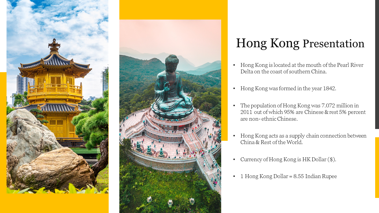 Hong Kong temple and Buddha statue images side by side, with text area on the right in a yellow bordered section.