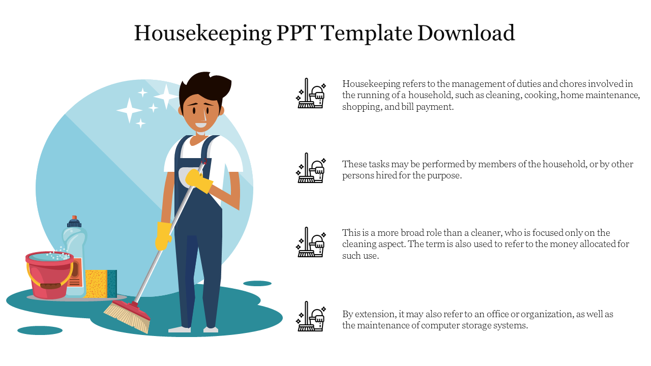 Illustration of a housekeeper in a cleaning uniform with text about housekeeping duties and responsibilities and icons.