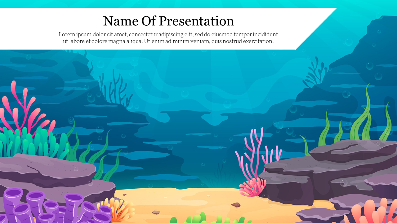 Underwater scene, including vibrant corals, rocks, and seaweed, with a white banner containing placeholder text at the top.