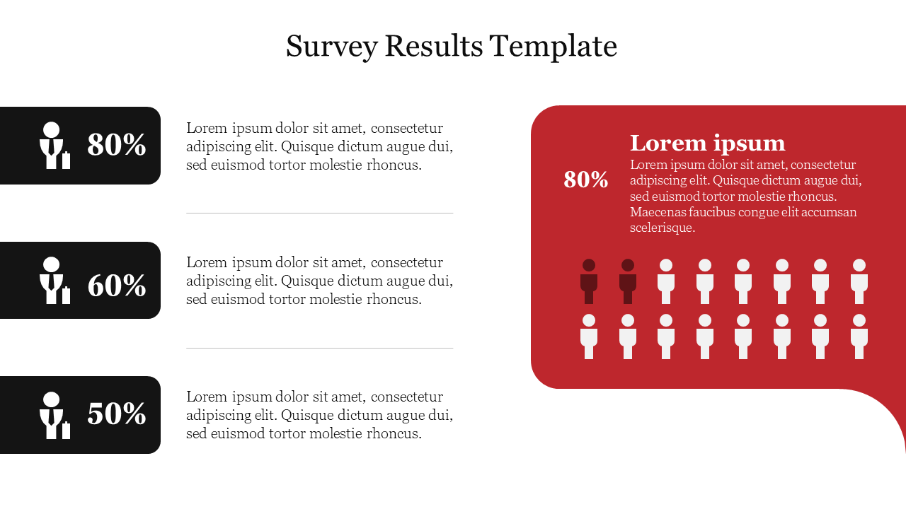 Survey results template featuring percentages and icons, with 80% represented visually in a red block on the right.