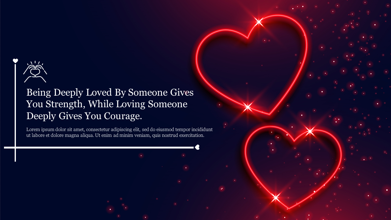 A PPT slide with a romantic quote on love, featuring glowing red heart shapes and sparkling particles on a dark background.