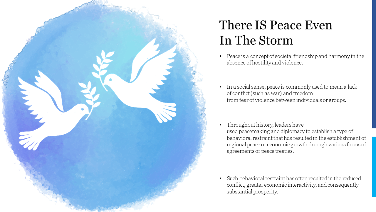 Peace-themed slide with white doves on a blue watercolor background, textbox on the right side with bullet points.