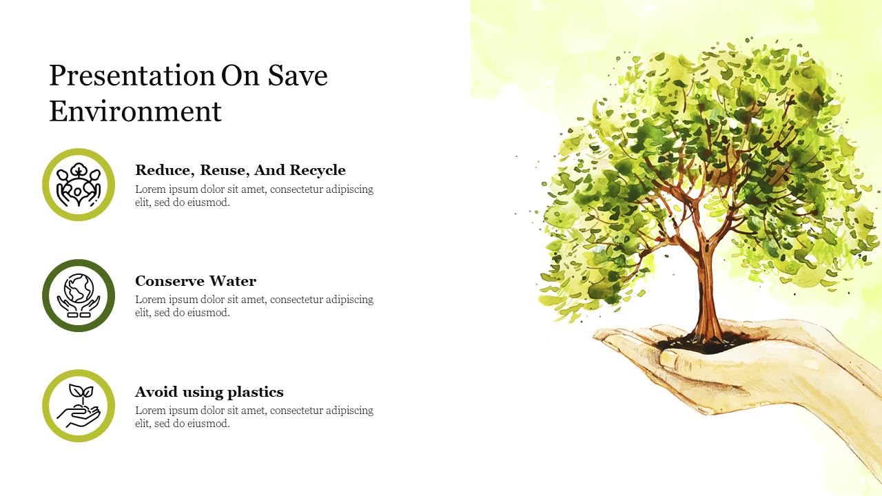 Environment slide shows a tree in hand with three icons and placeholder text.