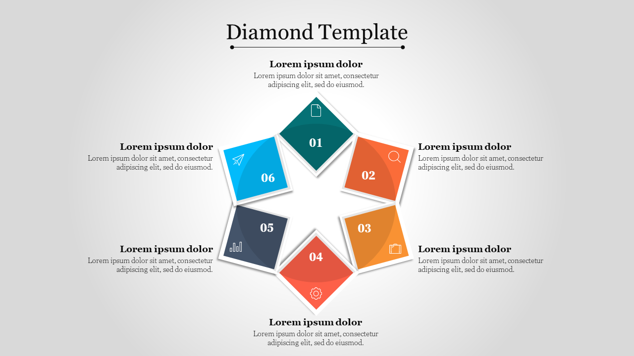 Diamond shaped template with six sections, each labeled 1 to 6 with icons and placeholder text around it.