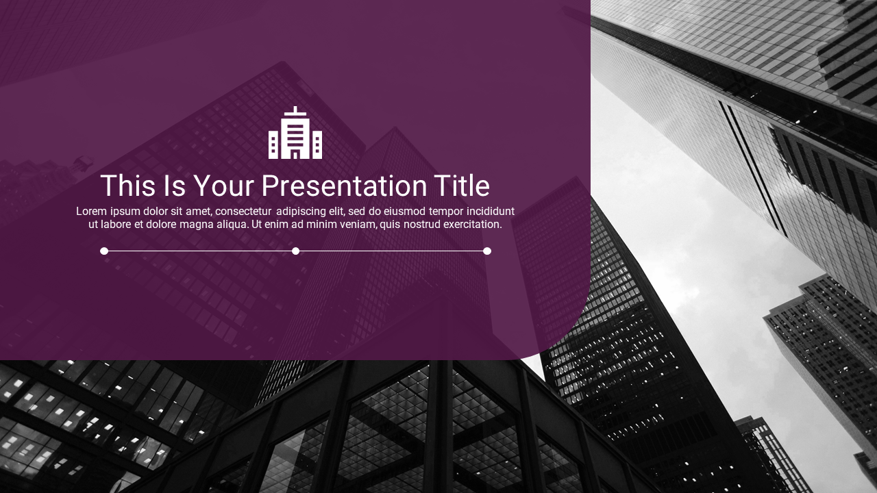 Slide design with a city skyline image in black and white, and a purple overlay featuring title, an icon, and text.