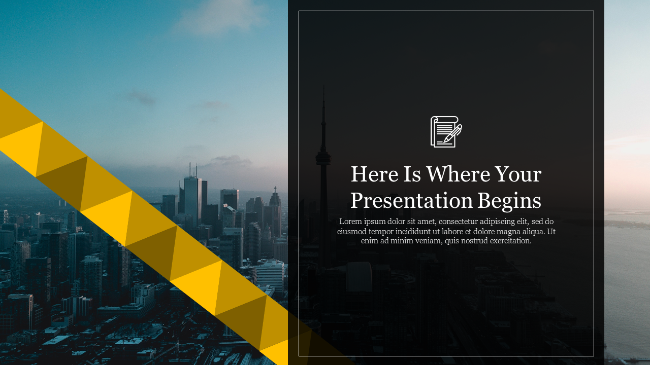 A cool PowerPoint slide with a bold geometric yellow accent over a cityscape background, featuring a title area.