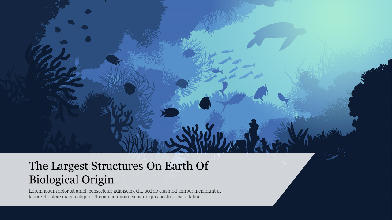 An underwater scene with a gradient blue background, showcasing coral reefs and marine life with placeholder text.