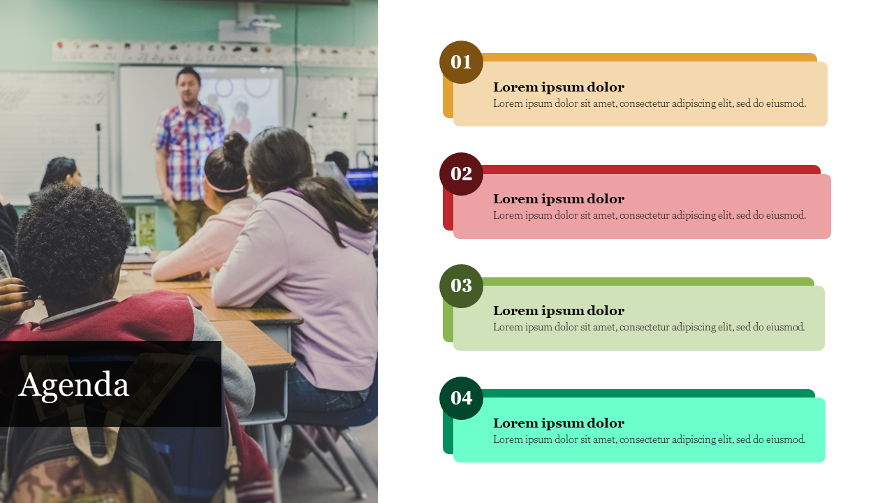 Split layout with a classroom scene and four agenda boxes in shades of yellow, red, green, and teal with numbers.