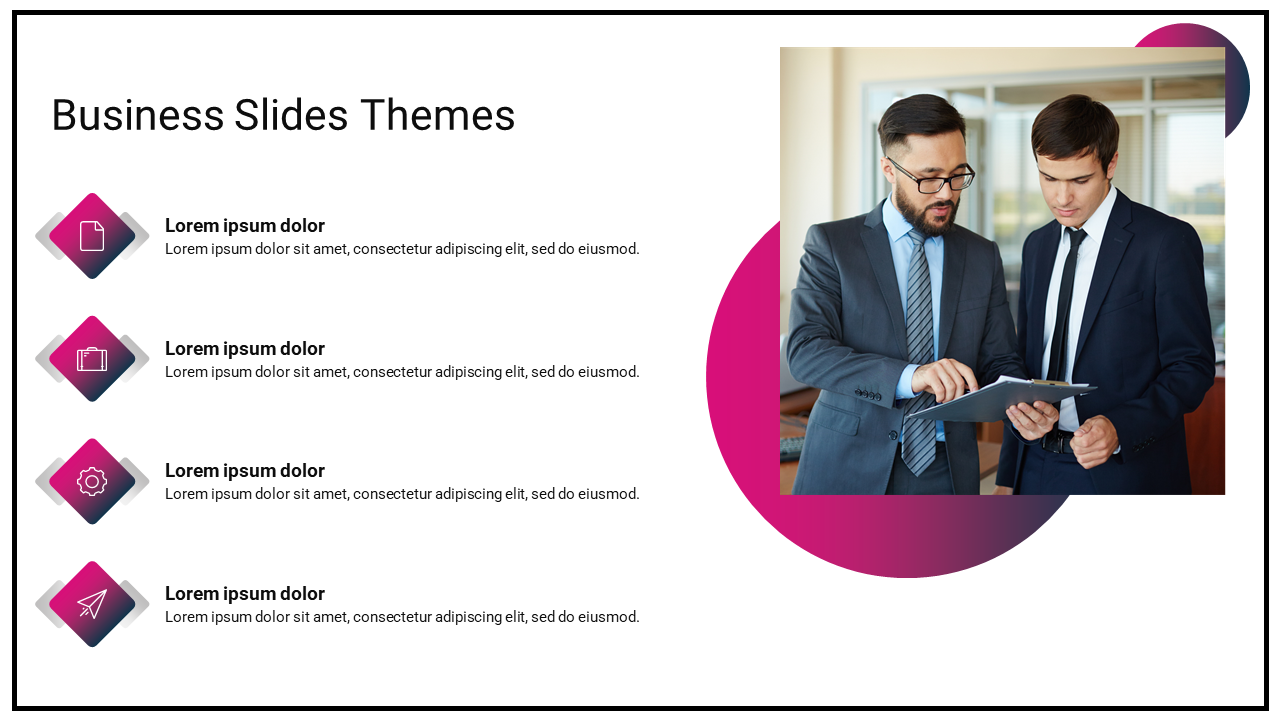 Business slide with four pink gradient diamond icons and a square image of two professionals reviewing a document.