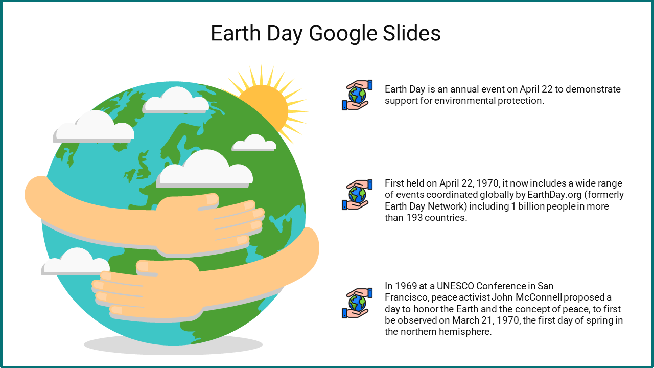 Earth Day slide featuring a globe with hugging hands and three informational text boxes on the right.